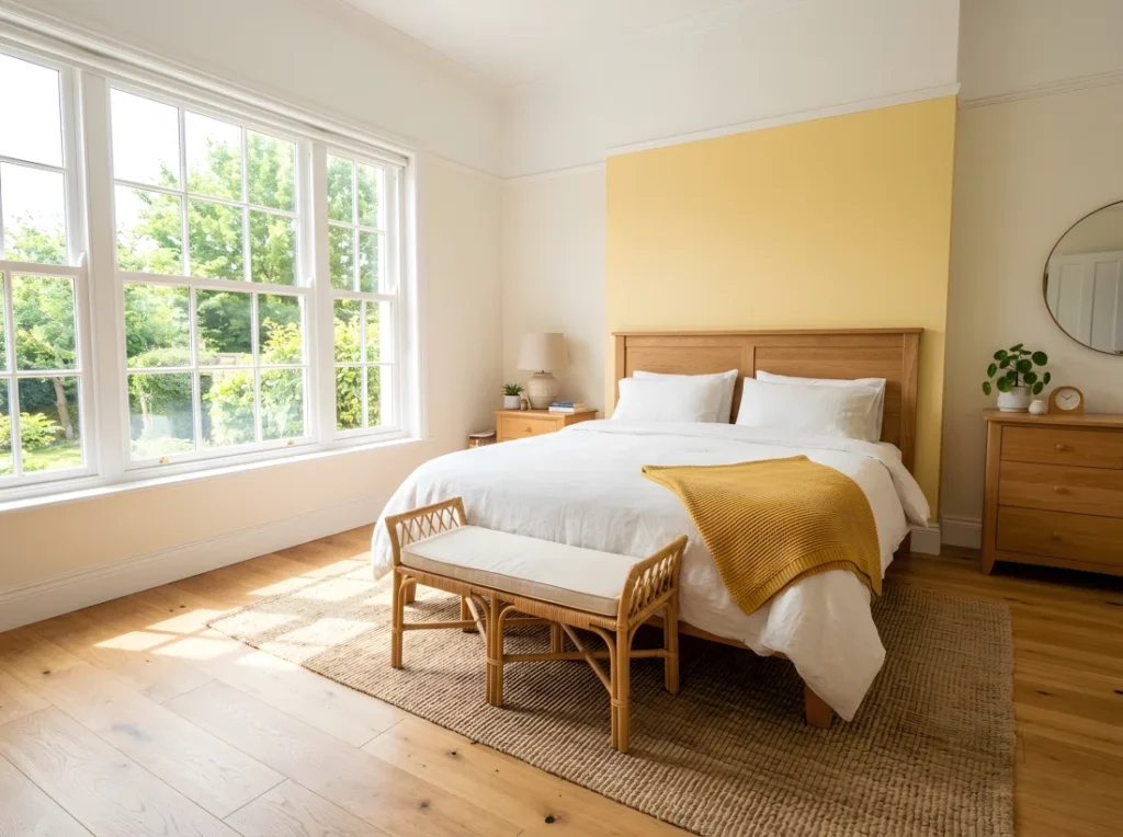 Wide angle photography of a bright, airy bedroom with a butter yellow accent wall (RGB 245, 222, 179) behind an oak headboard, neatly made white linen bedding, a small rattan bench at the foot of the bed, a mustard yellow throw folded across the corner, morning natural light pouring in through a large window and casting soft warm shadows across the floor, dramatic wide camera angle capturing the full room from a low corner perspective, vibrant true-to-life color, real-life practical styling, clean and organized, stock photography style, no illustration, no 3D render.