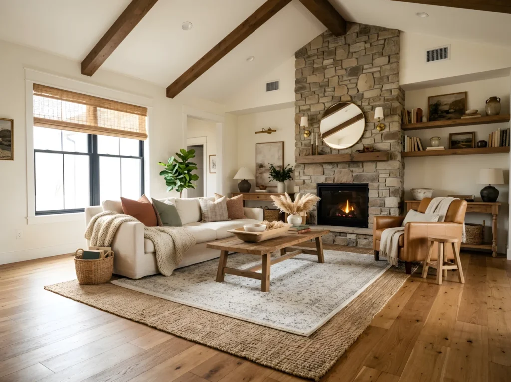 Wide-angle real-life photo of a complete modern farmhouse living room, captured from a dramatic low corner angle to show the full space. Cream linen sofa layered with a wool throw and mixed textured pillows, reclaimed wood coffee table topped with a shallow dough bowl filled with dried pampas grass, jute rug layered under a smaller wool rug, floating wood shelf with books and ceramics on one wall, brass sconces flanking a stone fireplace, woven rattan shade filtering soft daylight through a large window. Warm oak flooring, mix of caramel leather and linen textures. Bright natural light pouring in from the left, creating long soft shadows across the room. Vibrant terracotta and sage green accent colors popping against neutral walls. Full-room wide camera angle, dramatic perspective from a slightly low viewpoint, no people, photographic stock-photo realism, not a 3D render, illustration, or painting.