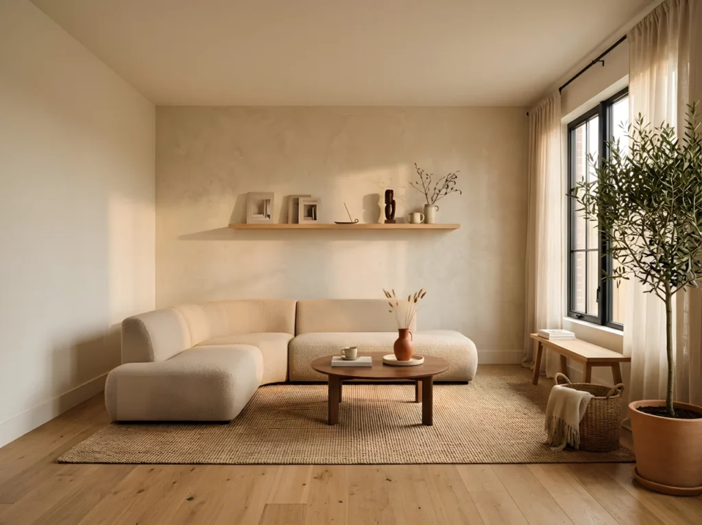 Wide-angle real-life photograph of a complete Japandi living room styled as the ultimate showcase of the aesthetic: a low-profile curved sofa in warm oatmeal bouclé (RGB 214, 199, 178) paired with a round walnut coffee table, one wall finished in textured limewash plaster, natural jute rug anchoring the furniture, a large potted olive tree in the corner reaching toward a tall window, sheer undyed linen curtains diffusing soft daylight across the room, a floating light oak shelf styled with five curated objects, one bare accent wall left intentionally empty, a single handmade terracotta vase (RGB 196, 93, 60) as the only color accent, natural oak flooring throughout, warm golden hour light falling in low from one side creating soft directional shadows, dramatic wide camera angle capturing the entire room from corner to corner, vibrant warm and natural tones, no people, stock photography style, Pinterest-ready composition, neatly arranged and clean.