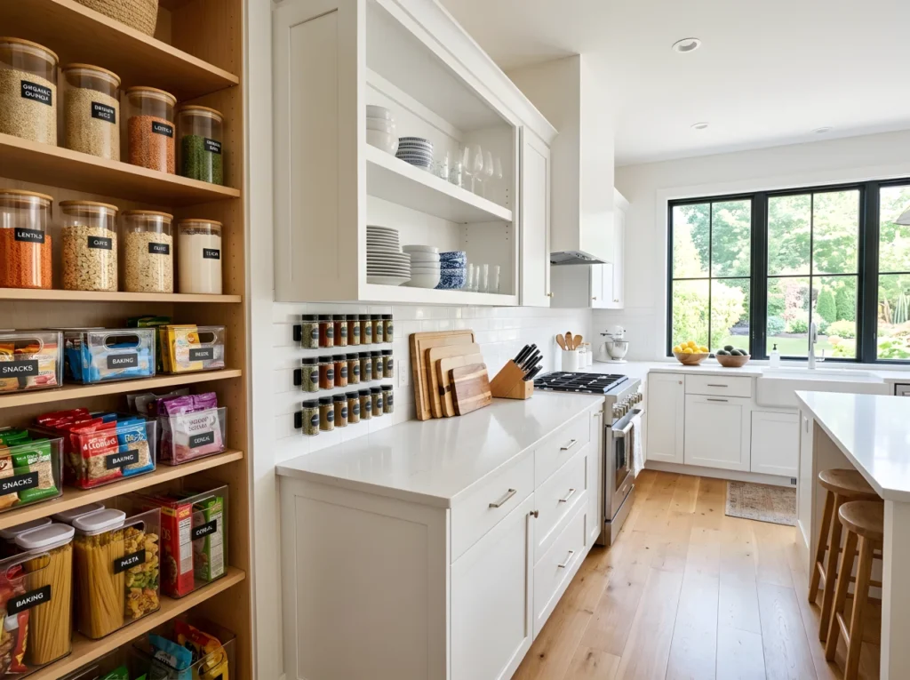 Wide-angle real-life photograph of a full kitchen interior showing an open pantry alongside a section of open cabinetry, matching glass canisters, labeled clear bins, a magnetic spice strip on the wall, and neatly stacked cutting boards all visible within the same frame, bright natural light pouring in from a large nearby window and catching the vibrant colors of grains, produce, and packaging throughout the space, countertops and floor completely clear of clutter, no people in frame, shot in stock-photography style with a dramatic wide angle capturing the full room from cabinet to pantry, everything neatly arranged, clean, and Pinterest-ready.