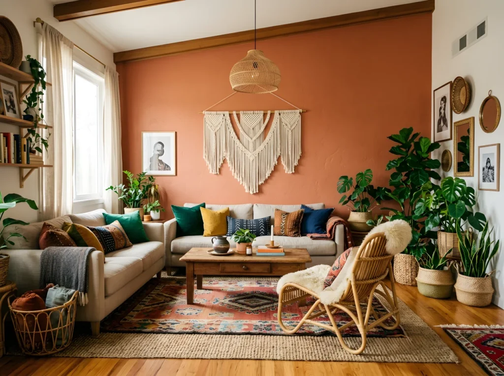Wide-angle photograph of a full boho living room, warm terracotta and earthy wall tone, rattan lounge chair beside a linen sofa layered with jewel-toned and mudcloth patterned cushions, layered jute and patterned rugs on the floor, woven pendant light hanging low, macrame wall hanging above the sofa, cluster of plants in mismatched woven baskets in one corner, sheer linen curtains softly filtering daylight, dramatic wide camera angle capturing the entire room from a low corner perspective, vibrant saturated warm color palette, realistic stock-photography style, not illustration, not 3D render.