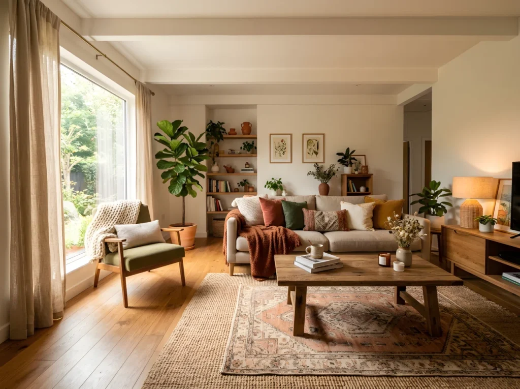 Wide-angle real-life photograph of a complete cozy living room, a warm neutral sofa layered with mismatched textured pillows, a reclaimed wood coffee table, a large floor plant in the corner, an armchair angled toward a window with a knit throw draped over it, and a layered rug underfoot; soft golden natural daylight streaming through floor-length linen curtains, casting warm shadows across the space; vibrant terracotta, forest green, and warm wood tones throughout; dramatic low, wide camera angle capturing the full room from corner to corner; clean, organized, Pinterest-ready stock photography style; no people.