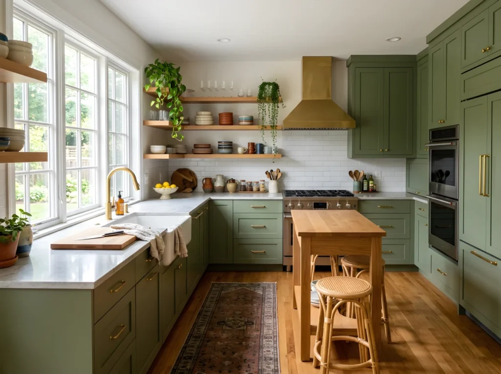 Wide-angle real-life photograph of a full residential kitchen featuring sage and olive green cabinetry (RGB 106,131,90) paired with warm wood open shelving and a light quartz countertop, brass hardware and a brass faucet catching soft natural light, a few trailing plants on the shelf and countertop, neatly arranged ceramic dishware and a wooden cutting board, bright natural daylight streaming in from a large window positioned to the left of the frame, filling the room evenly without harsh shadows, no people, vibrant and rich color tones that feel alive rather than muted, dramatic wide camera angle capturing the entire kitchen from cabinets to floor, authentic stock-photo style, not a 3D render or illustration, Pinterest-ready styling that looks lived-in but perfectly organized.