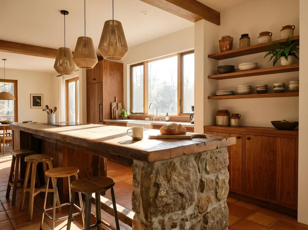 Wide-angle photograph of a bright open-concept kitchen with a large centerpiece island, mixed warm wood and stone countertop, staggered pendant lighting positioned off-center over one end, a few mixed-height stools tucked underneath, open shelving on one side styled with ceramic bowls and a small plant, morning natural light spilling across the surface from a window behind the island, full room visible from corner to corner capturing the whole kitchen, rich vibrant warm tones, candid everyday styling with a coffee mug and cutting board on the counter, dramatic low wide camera angle, photographic realism, Pinterest-ready composition.