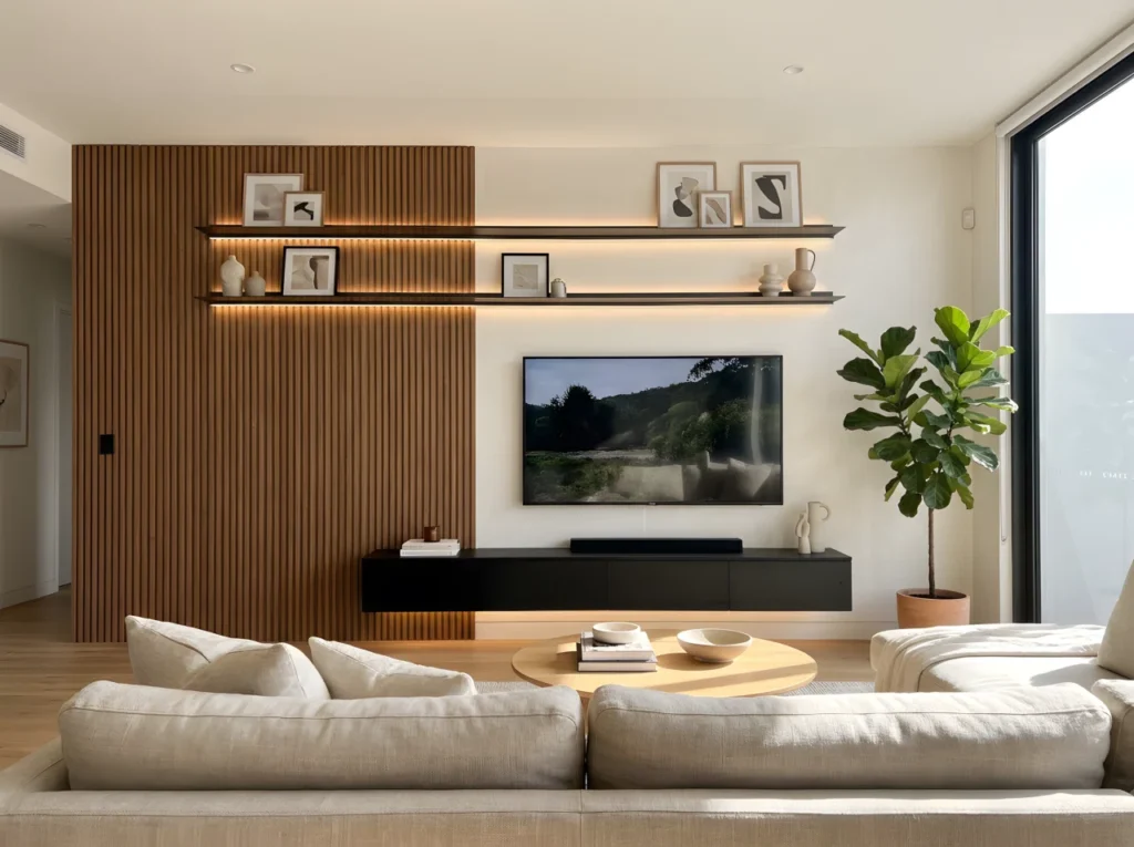 Wide-angle real-life photograph of a beautifully finished modern living room, the clear focal point is a floor-to-ceiling TV wall design combining warm wood slat paneling on one side and a slim floating media console below a mounted flatscreen TV, soft ambient LED lighting glowing along the underside of open shelving, a few framed art prints and one tall potted plant styled beside the console, a neutral linen sofa and round coffee table in the foreground facing the wall, dramatic low wide camera angle capturing the full room from corner to corner so both the TV wall and surrounding furniture are visible, bright natural daylight pouring in from a large side window and raking softly across the wood texture, warm and vibrant true-to-life color rendering (wood tones around RGB 150,110,75, soft white wall RGB 244,242,238), no people in the frame, shot in the style of a high-end interior design magazine cover, realistic stock photography, not a 3D render or illustration.