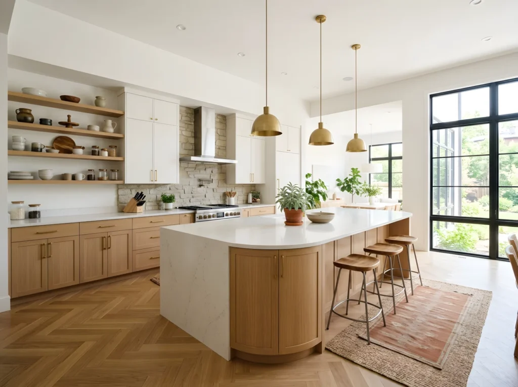 Wide-angle real-life photograph of a bright modern kitchen combining an open-concept layout with a large curved island, light oak lower cabinets paired with matte white upper cabinets, warm brass hardware and pendant lights hanging above the island, a textured stone backsplash behind the range, open wood shelving displaying neatly arranged ceramics on one wall, herringbone light wood flooring, large windows filling the room with bright natural light, vibrant sage-green and terracotta accents from potted plants and a woven rug, completely clutter-free and neatly arranged countertops, dramatic wide camera angle capturing the full room from corner to corner, shot in realistic stock-photography style, no people in frame.