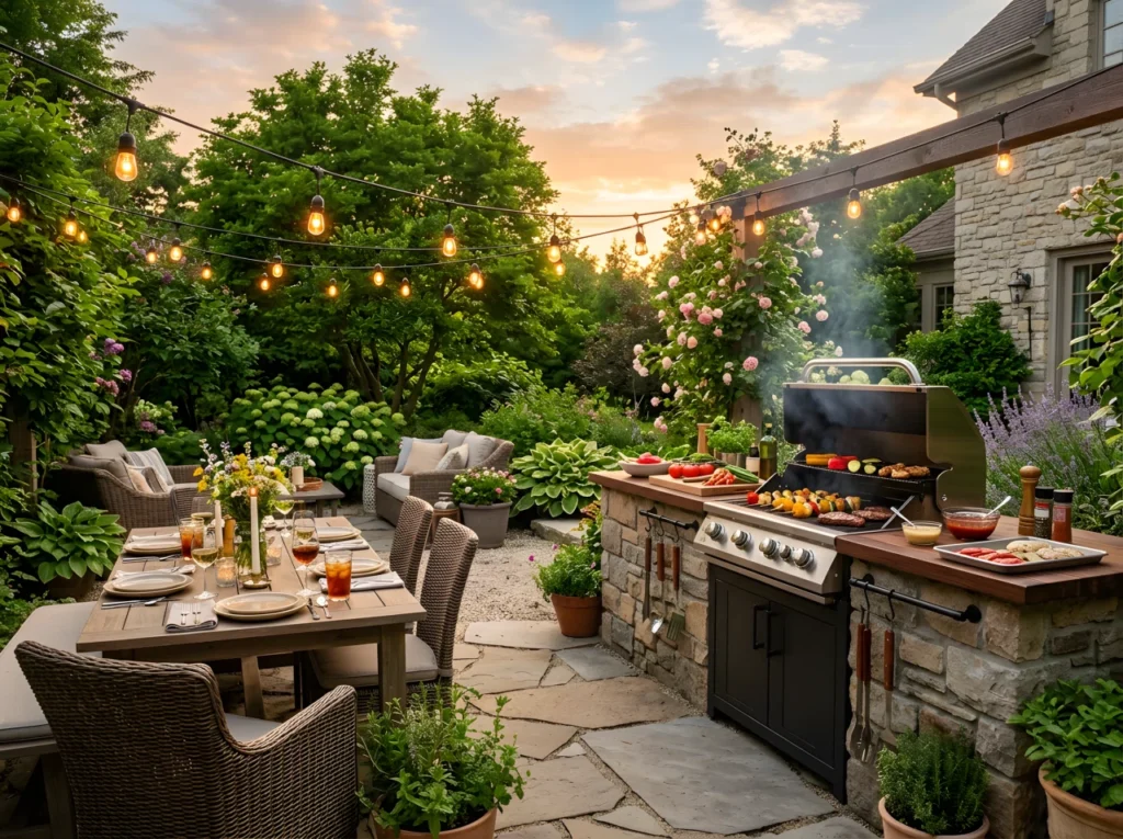 Wide-angle photograph of a warm, inviting backyard outdoor kitchen at golden hour, a stone-and-wood grill island loaded with fresh vegetables and grilling tools, a small dining table set nearby with plates and glasses, string lights strung overhead, lush garden greenery framing both sides of the patio, a mix of natural stone, warm wood, and matte black metal finishes, vibrant saturated colors that pop against the warm sunset light, dramatic wide camera angle capturing the entire outdoor living space from cooking zone to seating area, realistic stock-photo style, no illustration or painterly effects, composition designed to work as a strong Pinterest cover image.