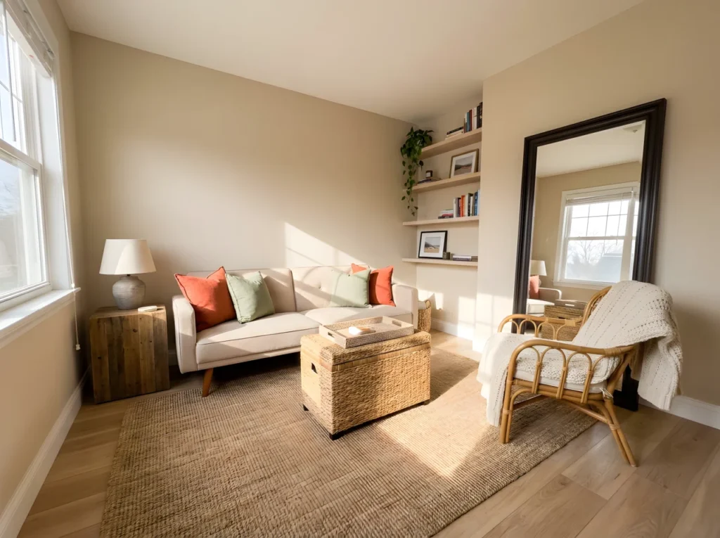 Wide-angle real-life photograph of a small, sunlit living room captured from a low, dramatic corner angle so the entire room is visible. A low-profile sofa with slim wooden legs sits against a warm neutral wall, paired with a woven storage ottoman doubling as a coffee table and a rattan accent chair layered with a chunky knit throw. A large mirror leans against the opposite wall, reflecting soft daylight streaming in from a window on the left and stretching the sense of space. Open floating shelves hold books and a small trailing plant above a reclaimed wood side table. Vibrant terracotta and sage green accent pillows add color pops against the warm, airy palette. Natural bright light floods the whole scene, casting long soft shadows across a light wood floor and jute rug. Shot on a 24mm lens, photographic realism, no people, neatly arranged, clean, and organized, giving the impression of a real home rather than a staged studio set.